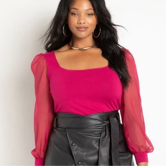 Eloquii Raspberry Square Neck Sheer Sleeve Top - Picture 5 of 5